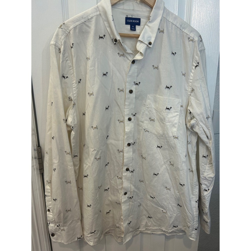 Club‎ Room Mens XL White Basset Hound Dog Print Button Down Shirt Long Sleeve
